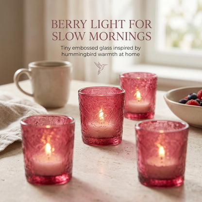 6 Pack Hummingbird Embossed Glass Candle Holders Votive Tealight Holders with Patent Design, Decorative Glass Cups for Wedding Centerpieces, Parties, and Home Decor (Wildberry Red)