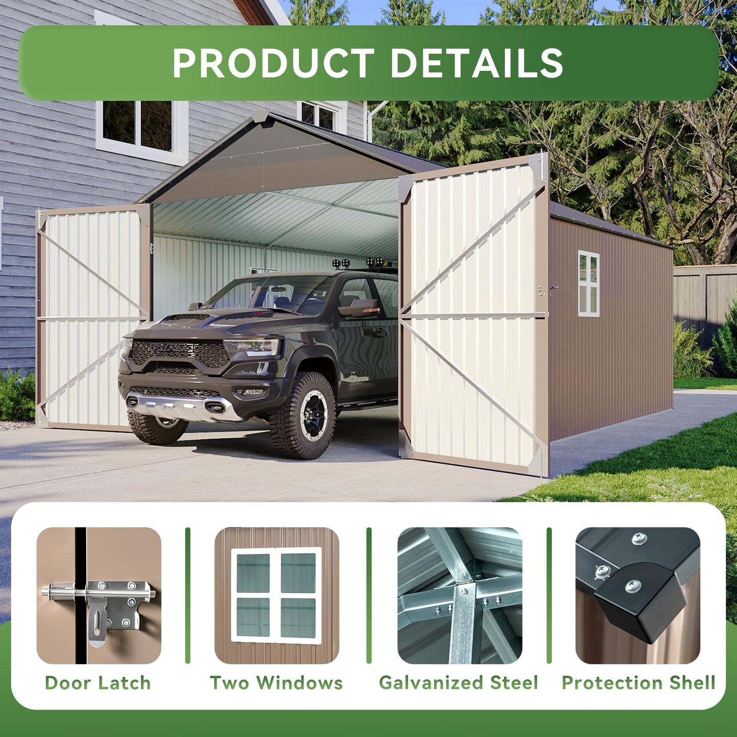 Aoxun 12x20x9.3 FT Metal Storage Shed Outdoor Large Garage Shed Carport with Double Doors,Side Door & Windows, Heavy Duty Garden Tool Shed All-Weather Outdoor Building for Vehicles & Sundries(Brown)