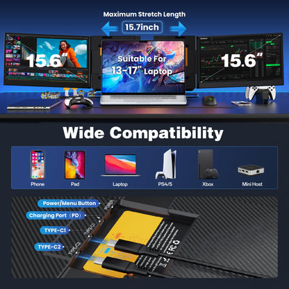 CIDETTY New Upgrad Laptop Screen Extender Monitor Portable, Ultra Light & Thin Triple Portable Monitor for Laptop 1080P FHD IPS Display for 13-17" Laptop, Plug & Play Compatiable with Win/Mac/Chrome