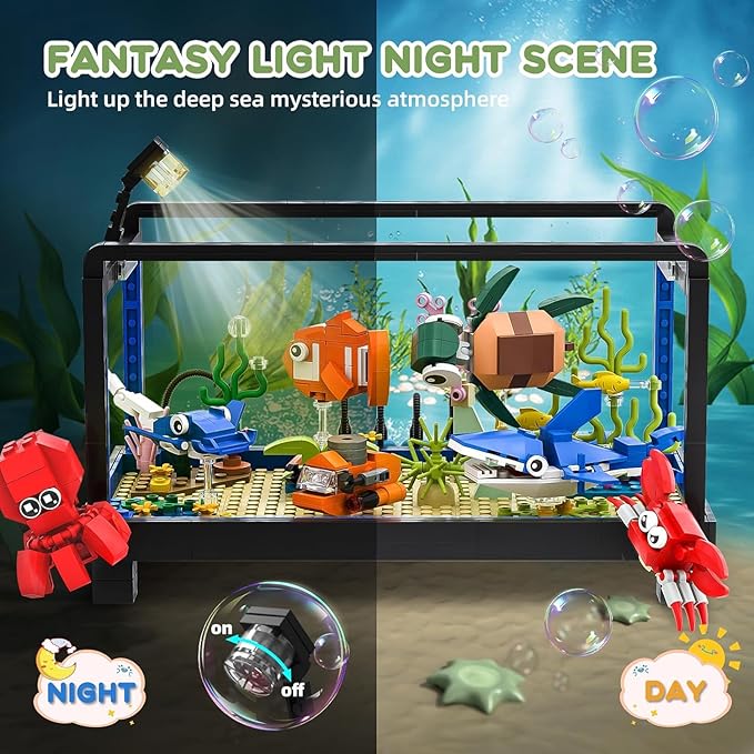 Fish Tank Building SetCompatible with Lego Aquarium Including Marine Life AnimalsCreative Lighting Fish Tank with Submarine Educational Building Toys for Kids 6-12(625Pieces)