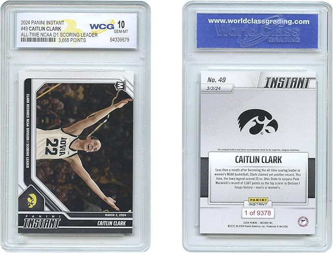 WCG 2024 Panini Instant Milestone Caitlin Clark Card #49 All-Time NCAA D1 Scoring Leader - GEM Mint 10