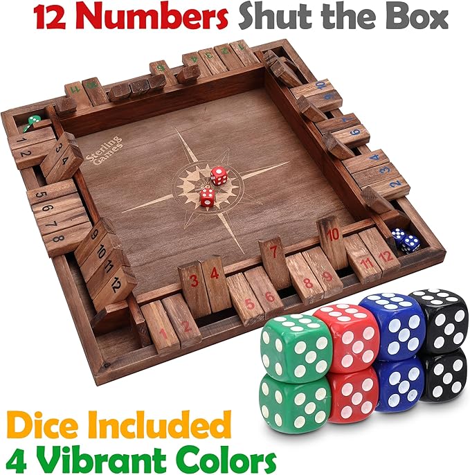 Sterling Games 12 Inches Shut The Box Game for 4 Players Family Dice Game with 12 Numbers Box Nautical Themed Large Wooden Game Board