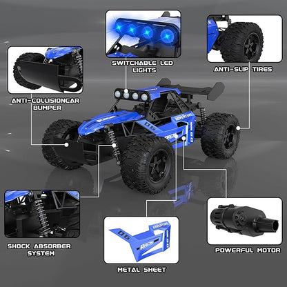 RC Monster Truck for Kids Ages 4–8 1:12 Remote Control Car with Alloy Shell 15.5 MPH (25KM/H) Fast Off Road Blue RC Car with 2 Speed Modes &amp LED Lights 2.4GHz Easy Control Toy Gift for Boys
