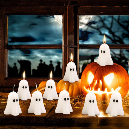 EBaokuup 6 PCS 2.3'' X 1.6'' Halloween Ghost Candles, White Ghost Decor Candles, Cute Burning Candle for Halloween Party Home and Table Decorations