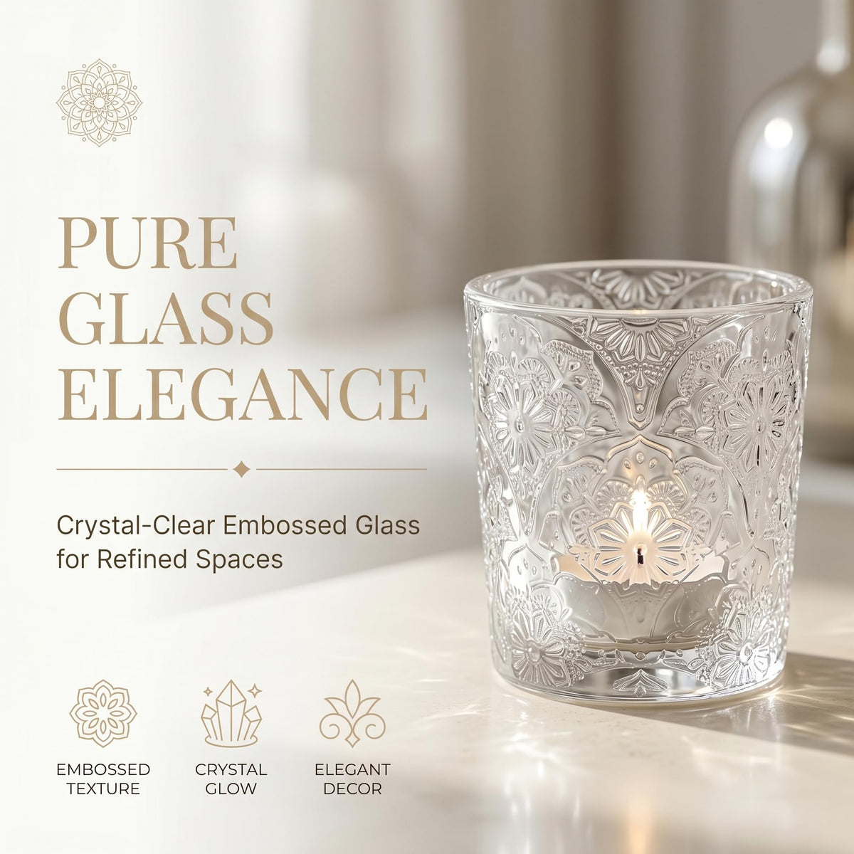 6 Pack Mandala Embossed Glass Candle Holders – Votive Tealight Holders with Patent Design, Decorative Embossed Glass Cups for Wedding Centerpieces, Parties, and Home Décor (Crystal Clear)