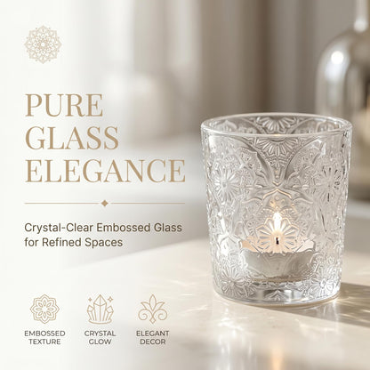6 Pack Mandala Embossed Glass Candle Holders – Votive Tealight Holders with Patent Design, Decorative Embossed Glass Cups for Wedding Centerpieces, Parties, and Home Décor (Crystal Clear)