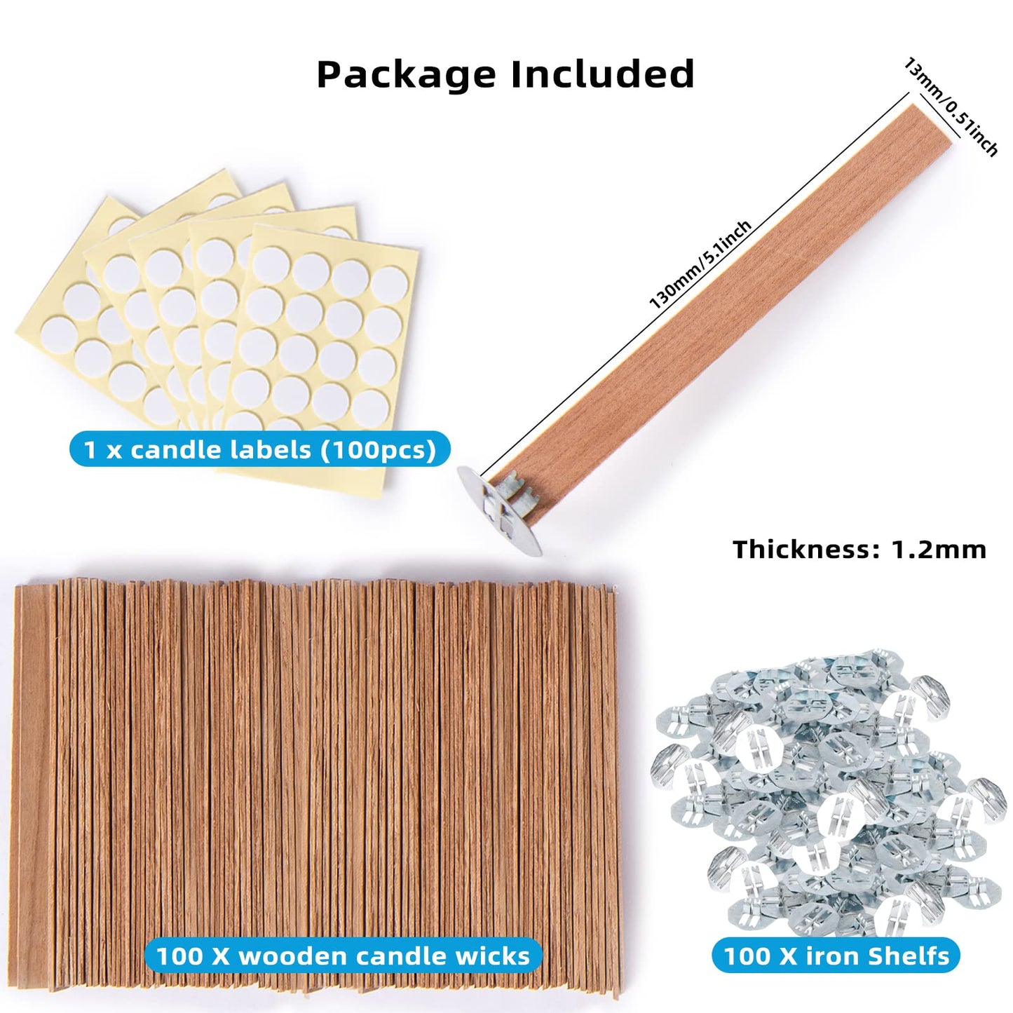 Ziosxin 300 Thicken Smokeless Wooden Candle Wicks - Long Lasting Flame - Easily Burn, 1.2mm Thickness 5.1" X 0.5" Candle Cores with Iron Stand and Glue Dot for DIY Candle Making Craft