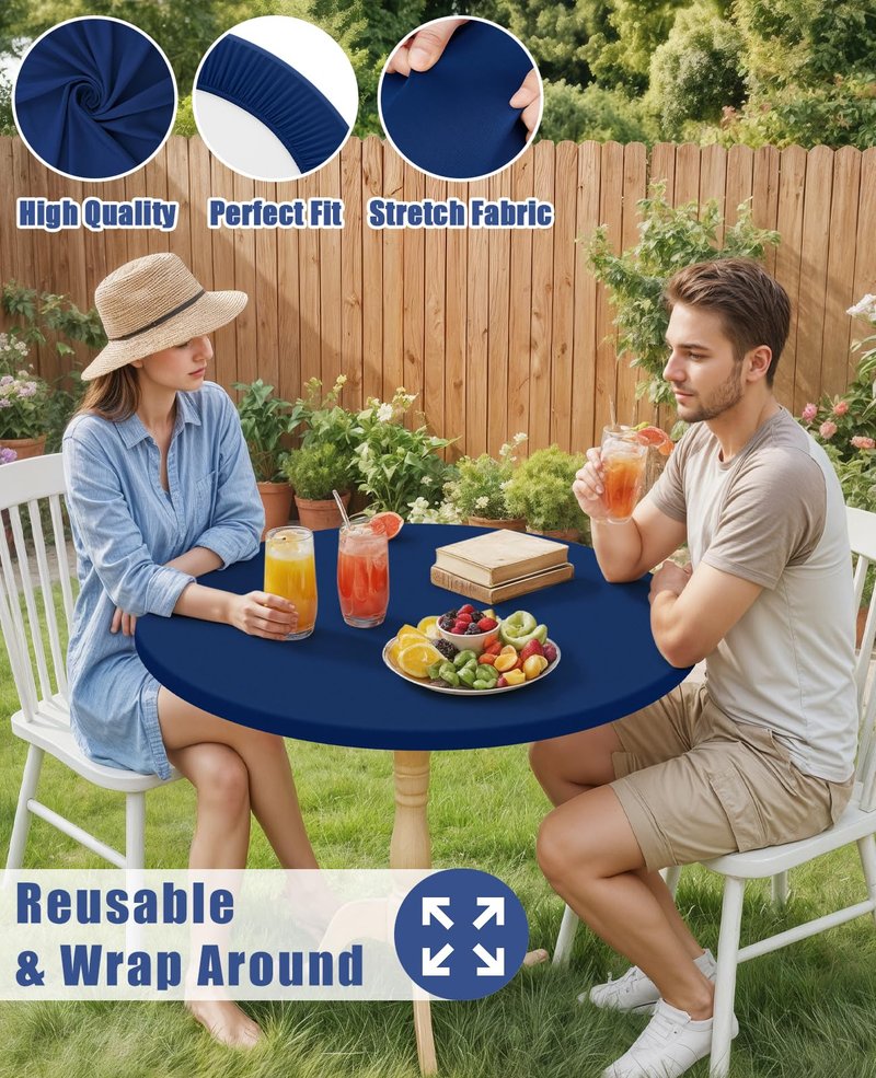 Moosfor Round Spandex Tablecloth, Elastic Fitted Waterproof Tablecloths for 45"-56" Tables, Stretch Washable Picnic Table Cover for Camping, Dining, Indoor and Outdoor, Navy