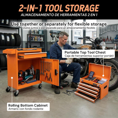 SEKAM 5-Drawer Rolling Tool Chest with Wheels, Tool Cabinet Combo with Top Chest, Bottom Drawer, Locking Door, Side Tray, Pegboard, Hooks for Garage Workshop