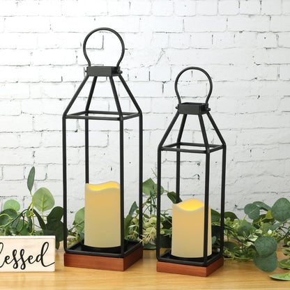 Perfnique Metal Lanterns w/ Pine Wood, Set of 2 Farmhouse Lantern Decorative w/ Waterproof Flameless Candle & Remote Timer, Modern Farmhouse Candle Holder for Outdoor, Porch, Fireplace(Wood Base)