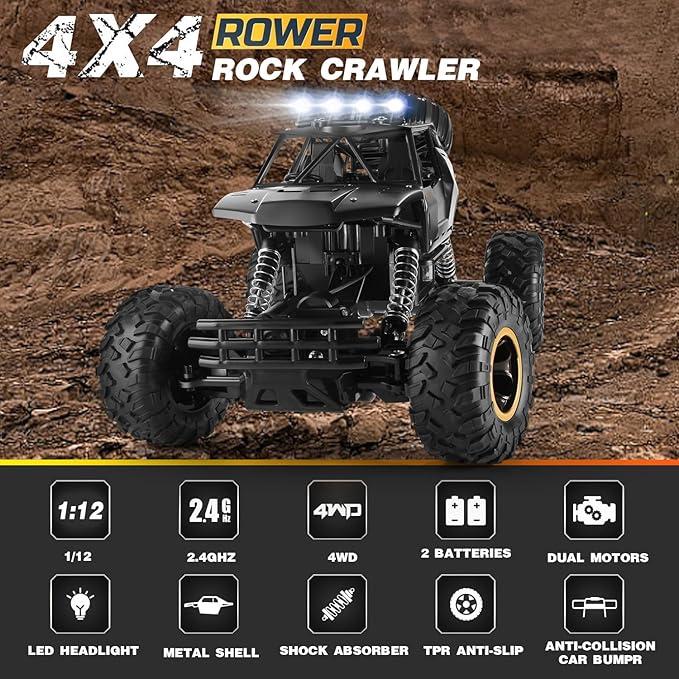 RC Cars Remote Control Car 1:12 Off Road Truck Metal Shell LED Headlights Offroad Monster RC Truck 4x4 All Terrain Hobby RC Cars Toys for Boys Kids Adults Gifts 8-12