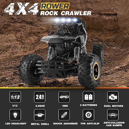 RC Cars Remote Control Car 1:12 Off Road Truck Metal Shell LED Headlights Offroad Monster RC Truck 4x4 All Terrain Hobby RC Cars Toys for Boys Kids Adults Gifts 8-12