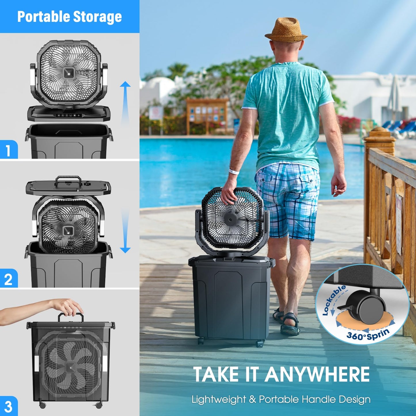Ausic 5 Gal 12" Portable Misting Fan for Outside Patios, 30000mAh Outdoor Rechargeable Battery Oscillating Fan with Remote, Cooling Camping Dugout Fan with Light/Timer/Caster, Summer Essential