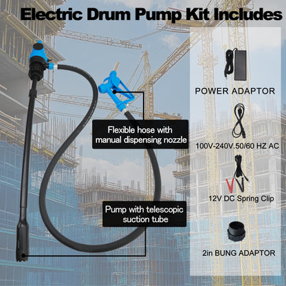 NimRay Electric Drum Pump (120V AC / 12V DC), 5 GPM Flow Fuel Pump, for DEF, Diesel, Water, Antifreeze with a 6.6ft Hose, 2'' Bung Adapter, and 34-49in telescoping Suction Tube for 55-Gallon Barrels.