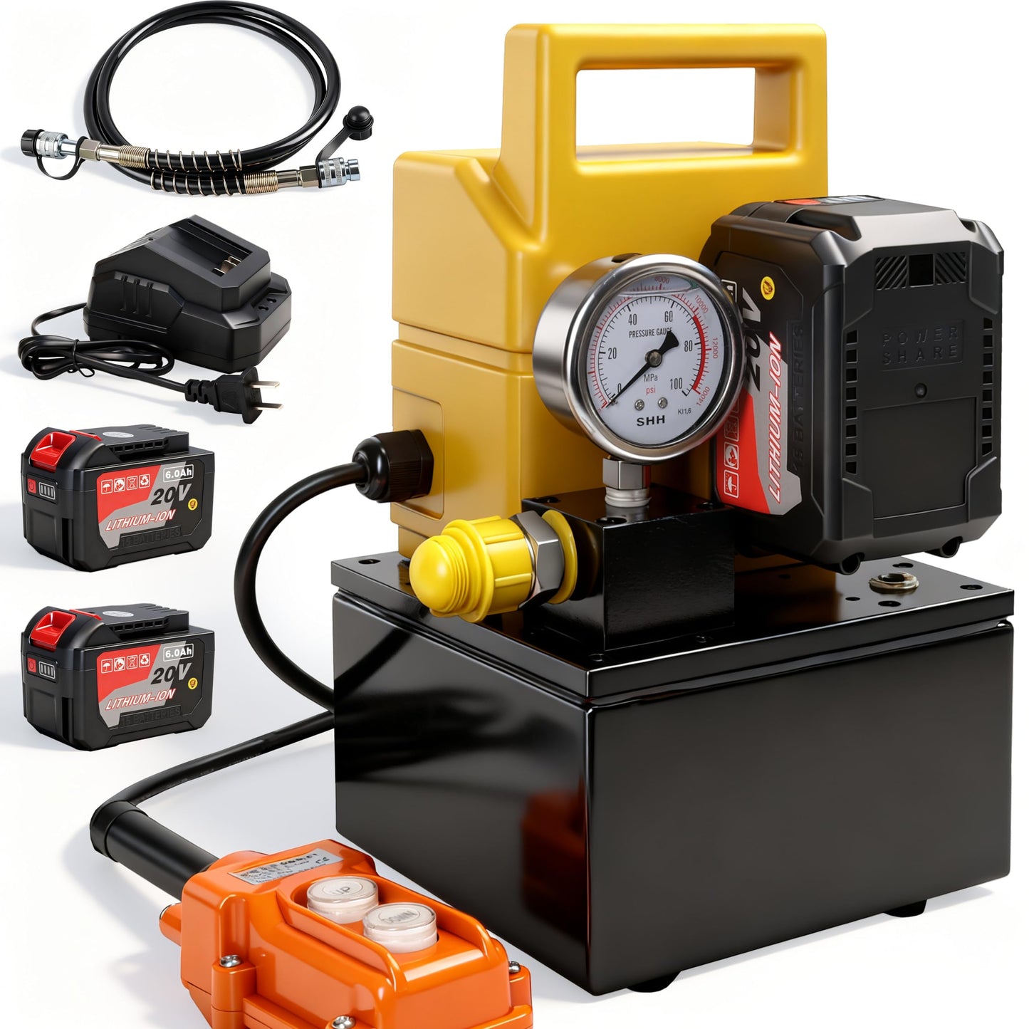 20V Battery Hydraulic Pumps 10000 PSI 800W Electric Pumps Power Pack Unit 0.4 US Gal Capacity, 6.5 ft Oil Pipe, Single-Acting Solenoid Valve with Handheld Switch for Punching/Bending/Jack