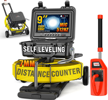 OKK Sewer Camera with 512Hz Locator, Professional 9" Self-Leveling Drain Camera 200ft, Distance Counter, 7mm Cable, Pull Handle, Wheels, IP68 Waterproof, DVR with Mic, 32GB Card, 5100mAh Battery