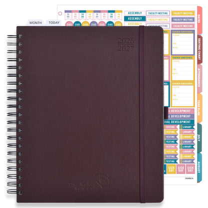POPRUN Teacher Lesson Planner 2026-2027, (Letter Size - 8.5'' x 11'') Academic Planner July 2026 - June 2027 with Gradebook & Color Monthly Tabs, Thick Paper, 2-Sided Pocket, Leather Cover, Brown