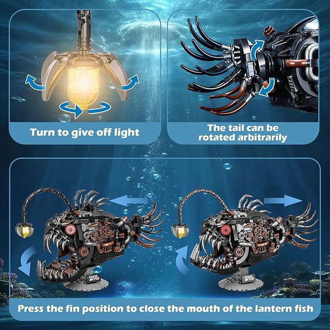 Mechanical Lantern Fish Building Set Creative Sea Animal Building Blocks Toys with Light Home Office Decor Toy Gift for Adults Teens Ocean Lovers 14+ (1038PCS)