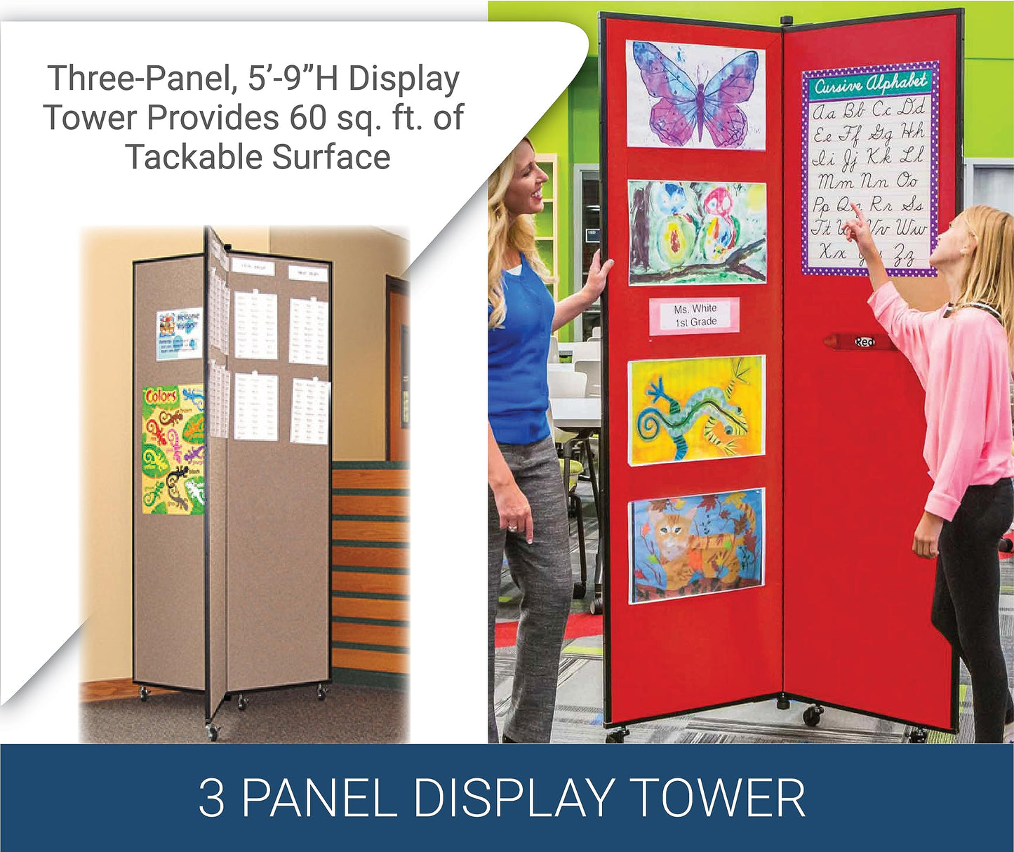 Screenflex Display Towers, Portable Display Boards for Art Shows, Classrooms, Offices, and More. 5'-9" H x 3'-1" W - Navy Fabric