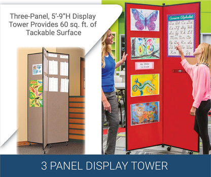 Screenflex Display Towers, Portable Wall Divider Boards for Art Show Partitions, Classroom Panels and Offices - 5'9”H x 3'1”W - 3 Panels - Charcoal Black Fabric