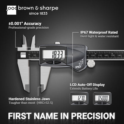Brown & Sharpe Digital Caliper Measuring Tool, 8" Stainless Steel Vernier Caliper Digital Micrometer with .0005"/0.01mm Resolution, IP67, Electronic Slide Caliper for Laboratory, Factory, DIY