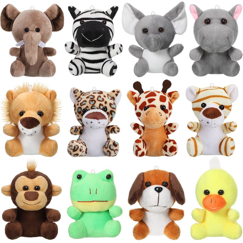 Skylety 12pcs Mini Safari Stuff Animal 3.9 Inch Cute Jungle Stuffed Animal Lion Rabbit Owl Hedgehog Monkey Tiger Zebra Elephant Leopard Hippopotamus Rhinoceros for Easter