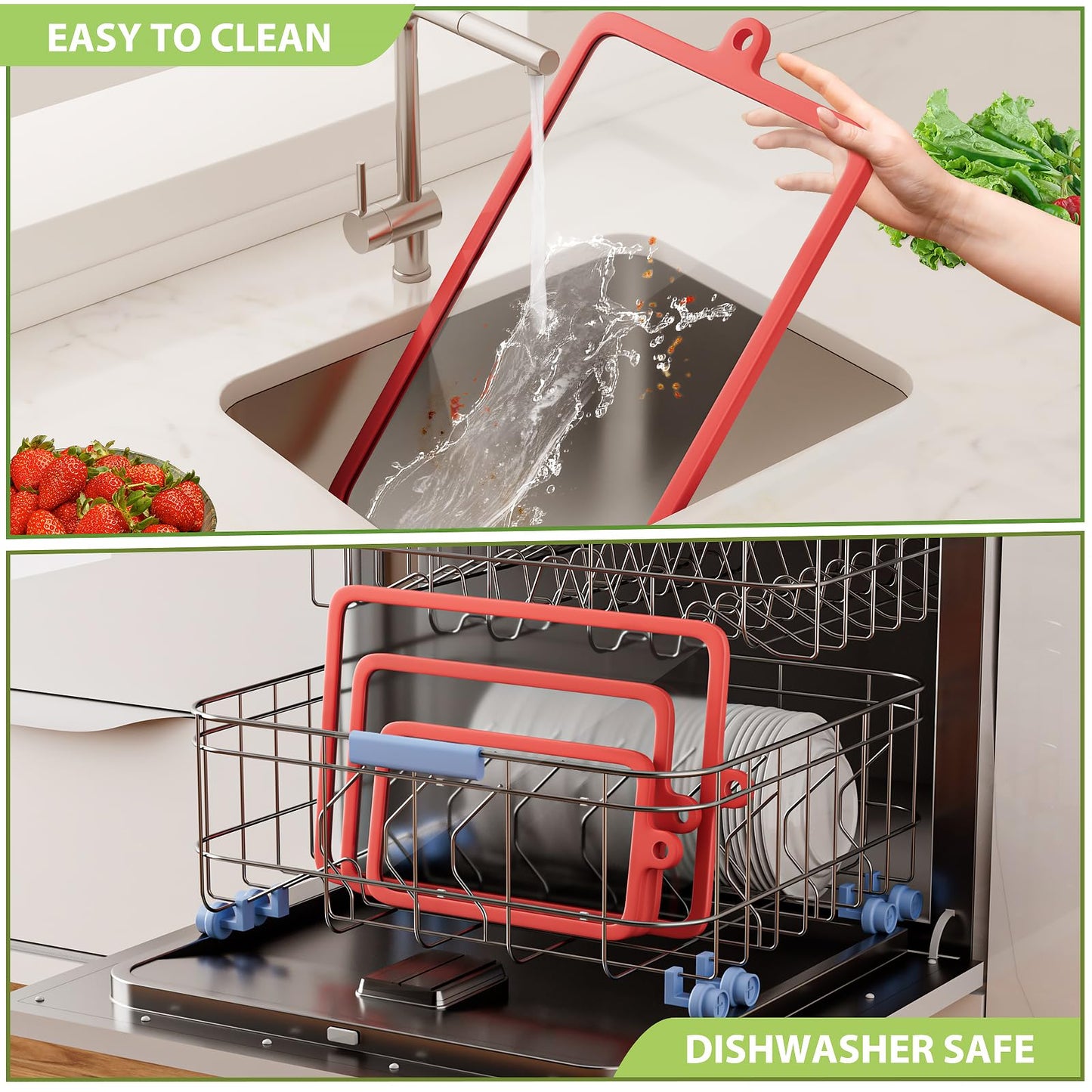 Freshmage 2Pcs Tempered Glass Cutting Boards for Kitchen, Glass Cutting Board Set (10"x6" & 12"x8") with Non-Slip Silicone Edges and Hanging Hole, Clear Cutting Board for Countertop & Everyday Prep