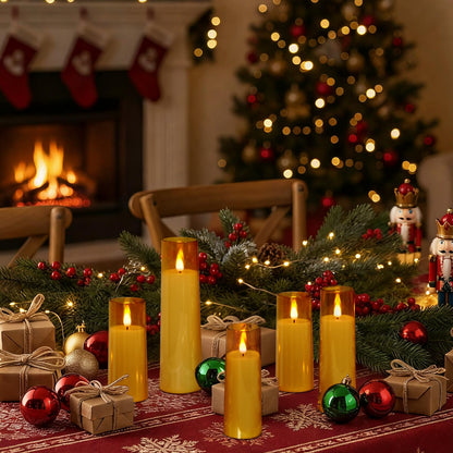 Amagic Flickering Flameless Candles, Battery Operated Candles, Amber Gold Acrylic LED Pillar Candles with Remote and Timer, 3D Wick, Yellow and Blue Glow, D2.2 xH5 5" 6" 7" 8", Set of 5