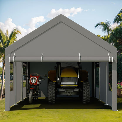 JY QAQA Carport, 12x20 FT Heavy Duty Carport with Removable Side Walls and Doors, Portable Garage with Roll-Up Window and Sandbags, Car Canopy with All-Season Tarp for Cars, Trucks, Boats, Grey
