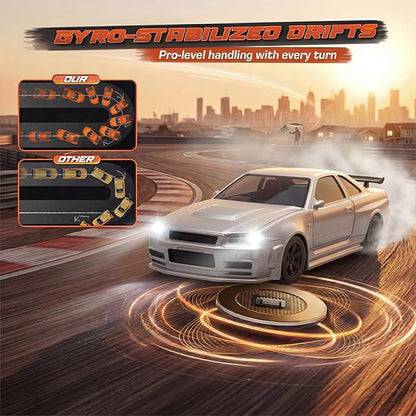 [2026 New Upgrade 1/43 Scale Mini RC Drift Car with Gyroscope Toys for Age 8-14 Old Birthday Gifts Micro Small with Full Proportional RTR 2.4GHz Remote 2 Tire Sets 8 Cones - Silver