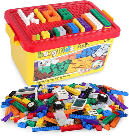 burgkidz Building Bricks 568 Pieces Toys Classic Building Blocks Includes Wheels Door Window Compatible Bulk Block with Storage Box and Baseplate STEM Educational Gift for Kids 3+ Year