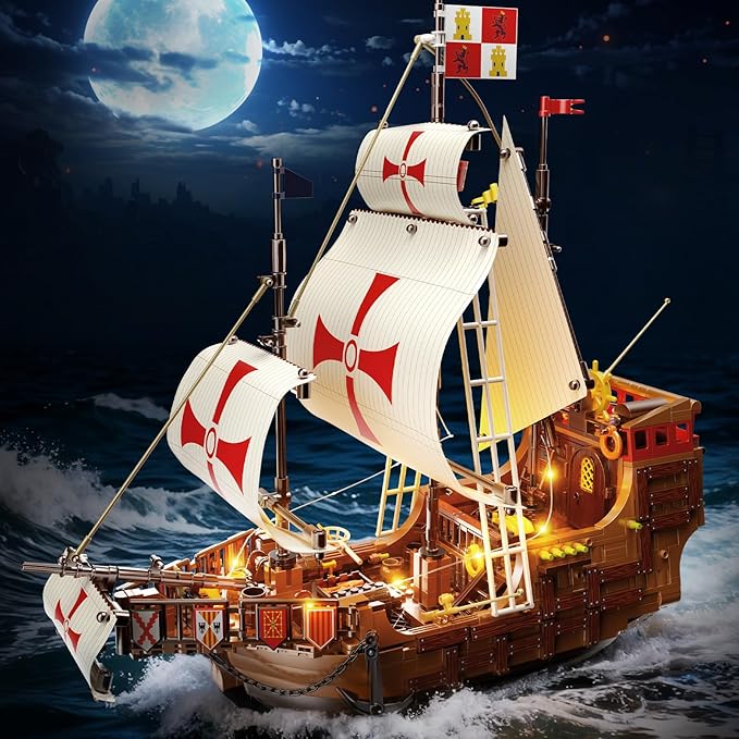 Santa Maria Ship Building Set with LED Lights 2 in 1 Pirate Ship House Wharf Building Block Kit 1253 PCS Adventure Merchant Ship Model Building Toy Gift for Adults Teens Boys Girls Ages 12+