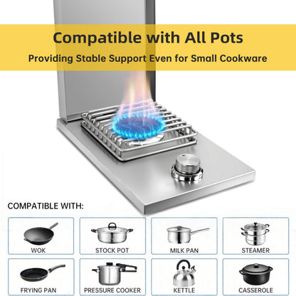 Built-in Single Grilling Side Burner for Outdoor Grill, Heavy-Duty 304 Stainless Steel, Drop-in Side Burner With Cover, 15,000BTU Propane & Natural Gas, Single Side Burner for Family Patio Parties