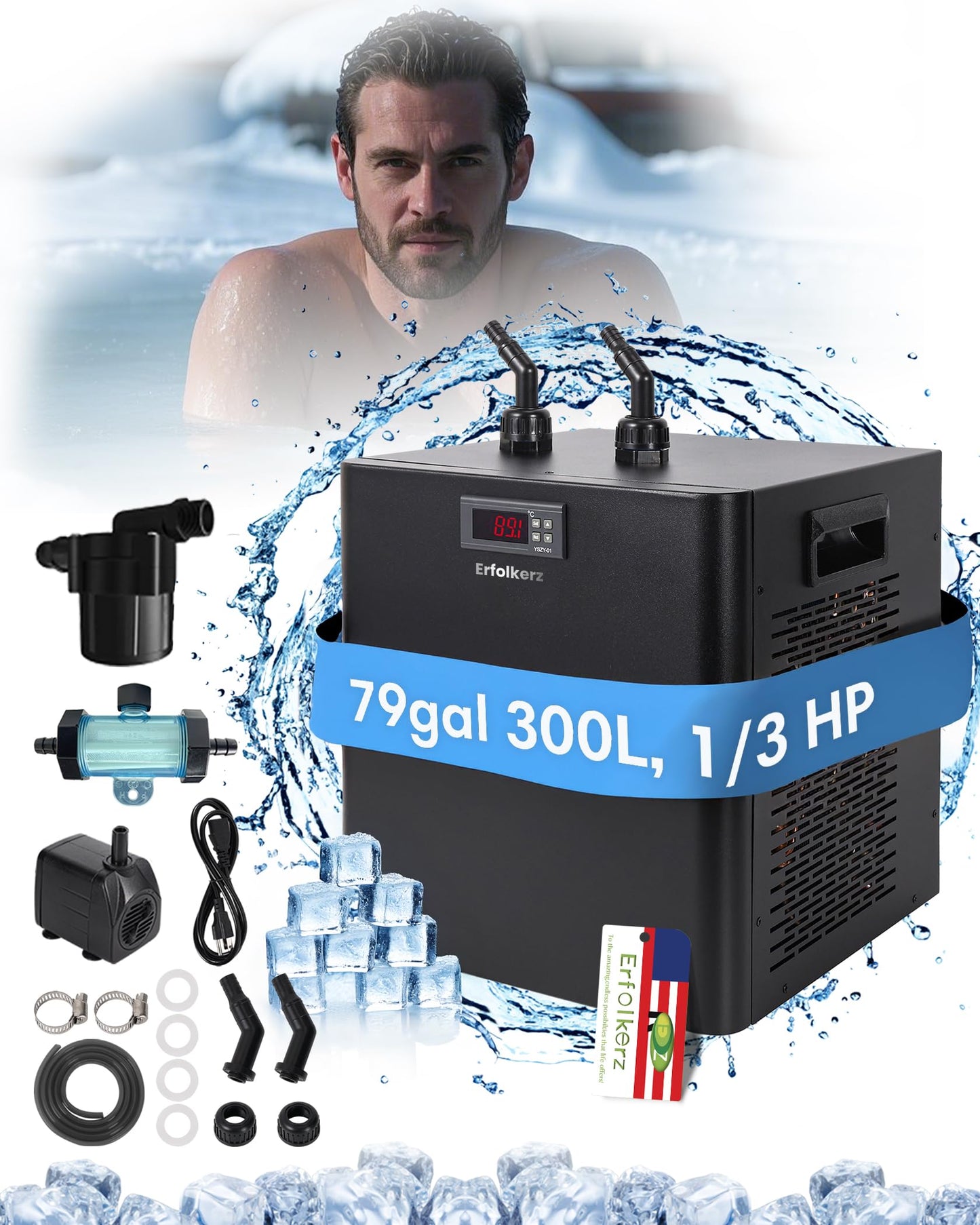Erfolkerz 1/3 HP Cold Plunge Chiller,79gal 300L,Water Chiller for Ice Bath,Water Cooler with Complete Chiller Kit - 2 Ice Bath Chiller Pumps,Filter,Nozzles & Hoops,Hoses