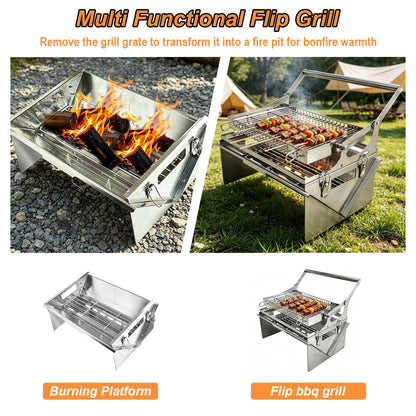 Portable 360°Rotating Charcoal Grill with Flipping Basket - 304 Stainless Steel Barbecue Grill for Camping, Tailgating, and Outdoor Adventures, Easy to Disassemble, Includes BBQ Bag New Upgrade