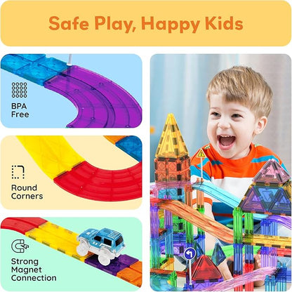 PicassoTiles 150 Piece Race Car Track Building Block Educational Toy Set Magnet Tile Magnetic Blocks Playset 4 Cars Early STEM Learning Construction Kit Hand-Eye Fine Motor Skill Brain Training PTR150