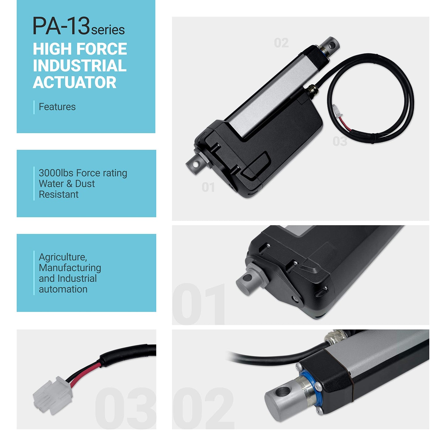 Progressive Automations 12V High Force Linear Electric Actuator - 8 inches, 720 lbs, IP66 Protection for Industrial, Machinery Usage, Brushed DC Electric Motor & Stainless-Steel Stroke, PA-13-8-720