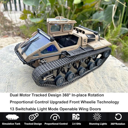 RC Tank Car 1/16 Scale Remote Control Tank Off Road RC Crawler 4WD RTR 360°Rotating Drifting Dual Motor Gearbox Proportional Control Tracked Military Truck Hobby Toy for Adult