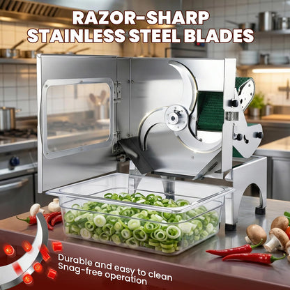 NEWTRY Commercial Vegetable Slicer Machine 200W Electric Food Processor with Automatic Conveyor Belt 400LB/H Thickness Adjustable for Spring Onion Scallion Cucumber Banana Restaurant Kitchen Use