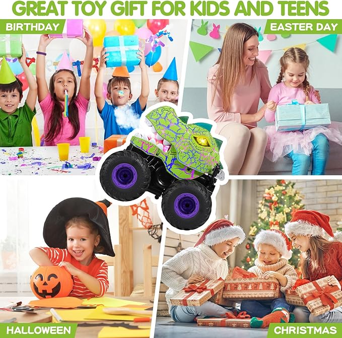 DYODYORC Remote Control Car 2.4Ghz All Terrain Dinosaur Monster Truck Toys RC Truck with Spay Music 3 Lighting Effects Stunt Capable Toy Gifts for Boys and Girls (Green Purple)