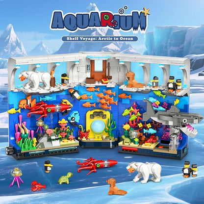 HOGOKIDS Aquarium Book Nook Building Set with Lights - Booknook Fish Building Toy for Bookshelf Home Decor 1064PCS Movable Shark Ocean Polar Animals Blocks Bookend Kit for Adults Teens Boys Girls 8+