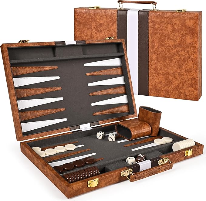 ropoda Backgammon Board Game Set (15 Inches) for Adults and KidsClassic Board Strategy GamePortable and Travel Backgammon Set with Premium Leather CaseBest Strategy &amp Tip Guide