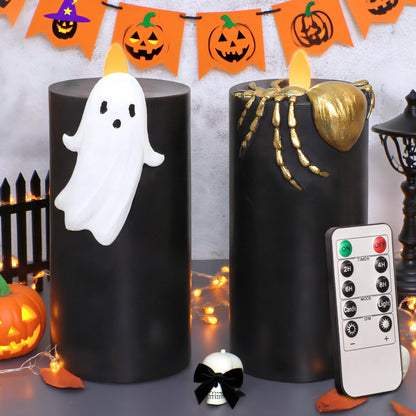 Silverstro Halloween Flameless Candles with Remote & Timer, Real Wax Hand-Carved Painted Ghost Spider LED Candles for Home Party Haunted House Horror Theme Halloween Decor, 3" x 7" Set of 2