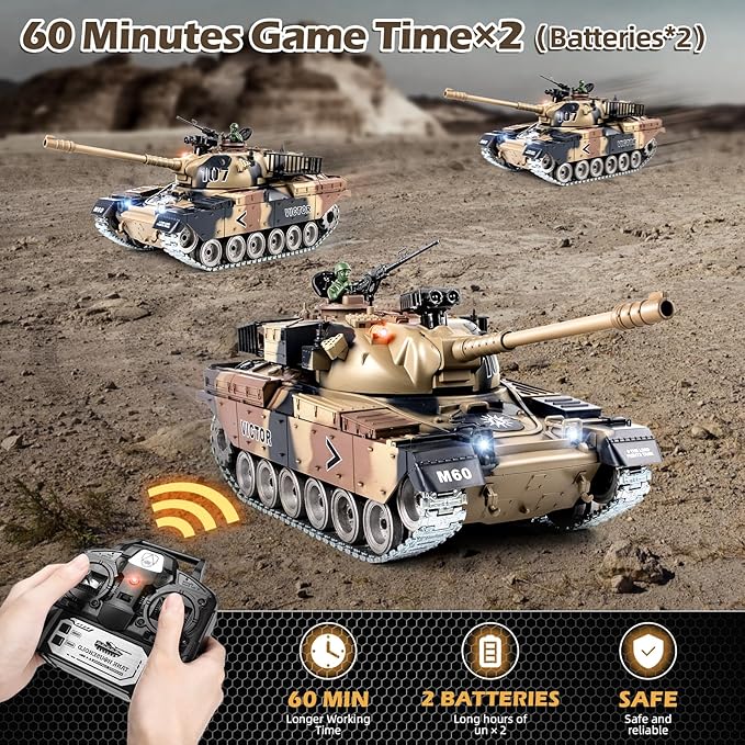RC Tank 1:18 Alloy Metal US M60 Remote Control Army Model Toys That Shoots 2.4Ghz RC Vehicle with Smoke Sound and Lights Military Tank for Adults and Kids 6+ Year Old