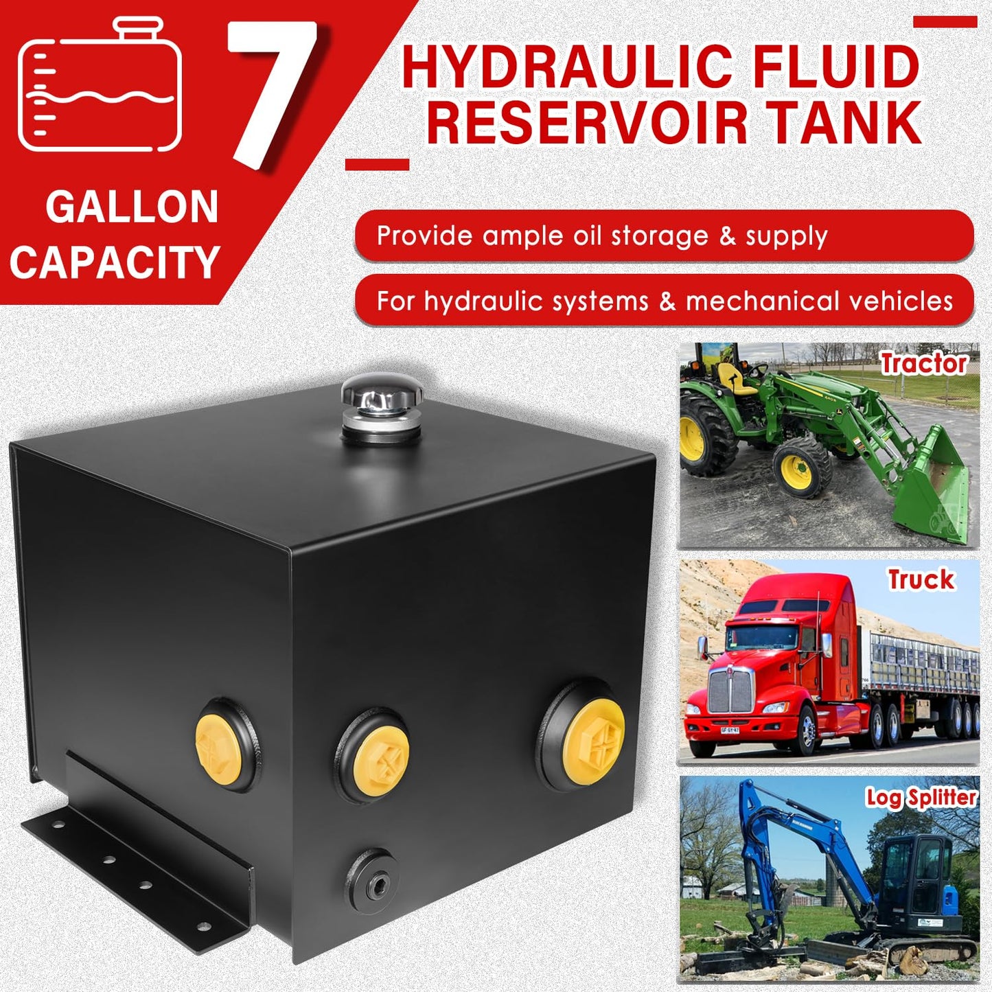 7-Gallon Hydraulic Fluid Reservoir Oil Tank for Tractors, Trucks & Log Splitters, Built-in Sight Gauge Temp Gauge Combo, Heavy Duty Steel Oil Tank Horizontal-Mount