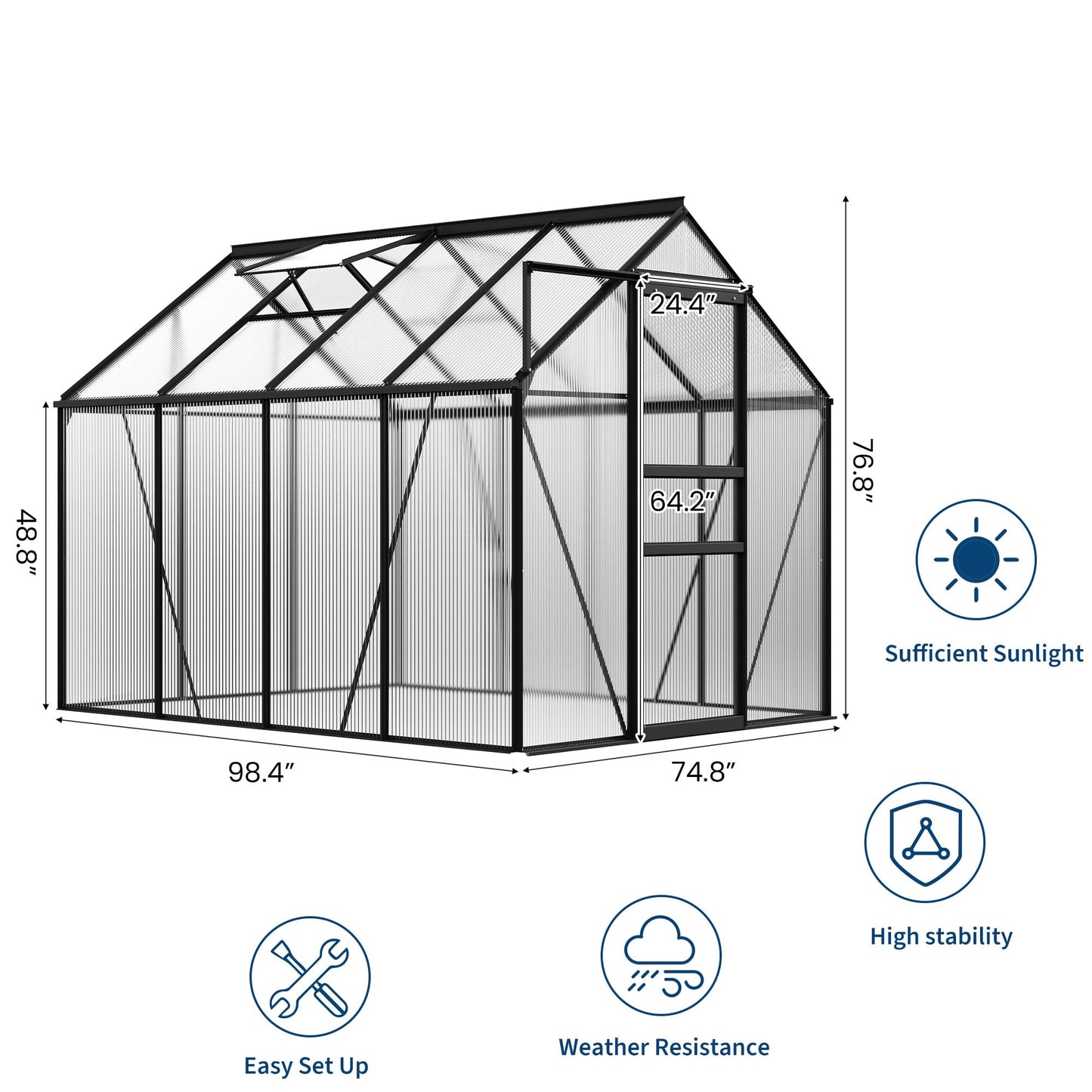 6x8FT Greenhouse for Outdoors, Walk-in Polycarbonate Greenhouse with Sliding Door, Adjustable Roof Vent & Gutter System, Portable Outdoor Green House Kit for Winter Gardening
