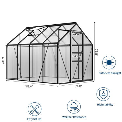 6x8FT Greenhouse for Outdoors, Walk-in Polycarbonate Greenhouse with Sliding Door, Adjustable Roof Vent & Gutter System, Portable Outdoor Green House Kit for Winter Gardening