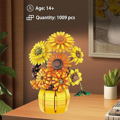 Flowers Building Set for Adults - Sunflowers Building Blocks with Vase 1009PCS Artificial Flowers Botanical Collection Gifts for Christmas Birthday Valentine's Day