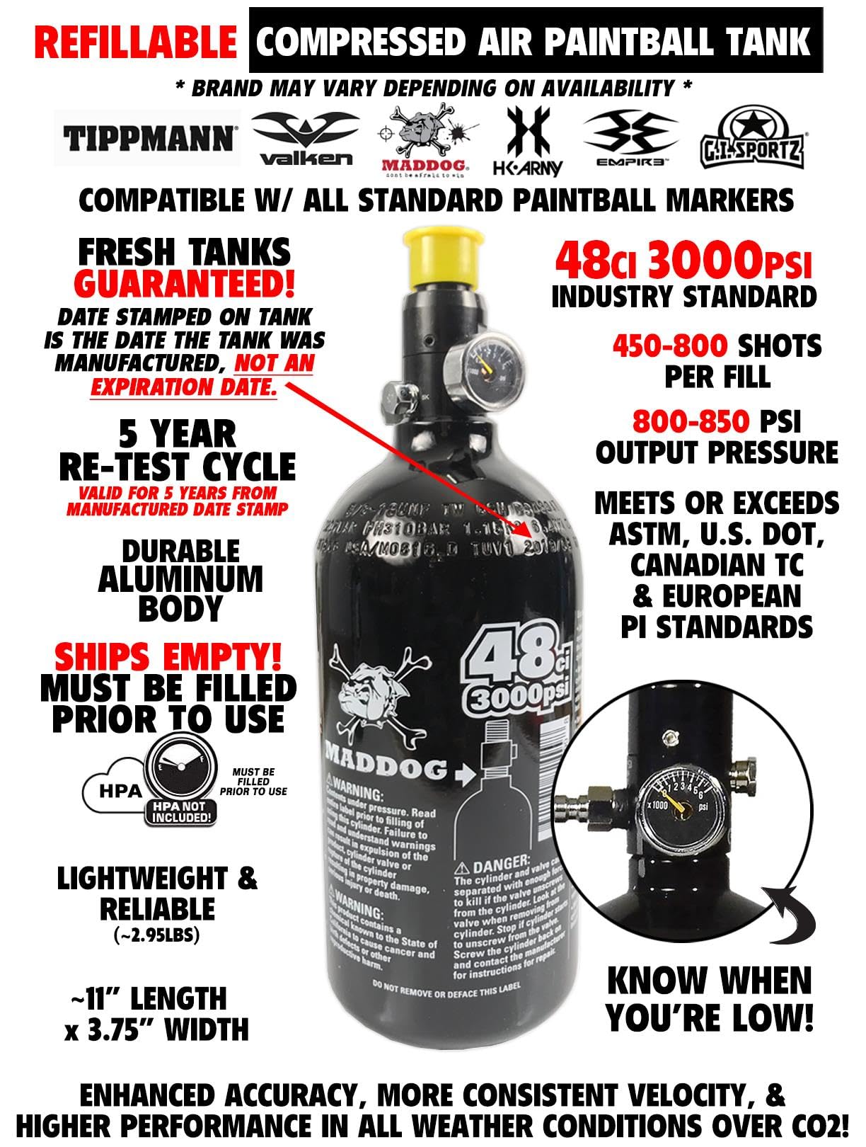 Maddog Empire Mini GS Electronic Full Auto Paintball Gun Marker w/ 48/3000 HPA Paintball Tank & Empire Halo Too Electronic Paintball Loader Starter Package - Dust Silver/Red - 2pc Barrel