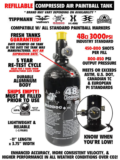 Maddog Empire Mini GS Electronic Full Auto Paintball Gun Marker w/ 48/3000 HPA Paintball Tank & Empire Halo Too Electronic Paintball Loader Starter Package - Dust Silver/Red - 2pc Barrel